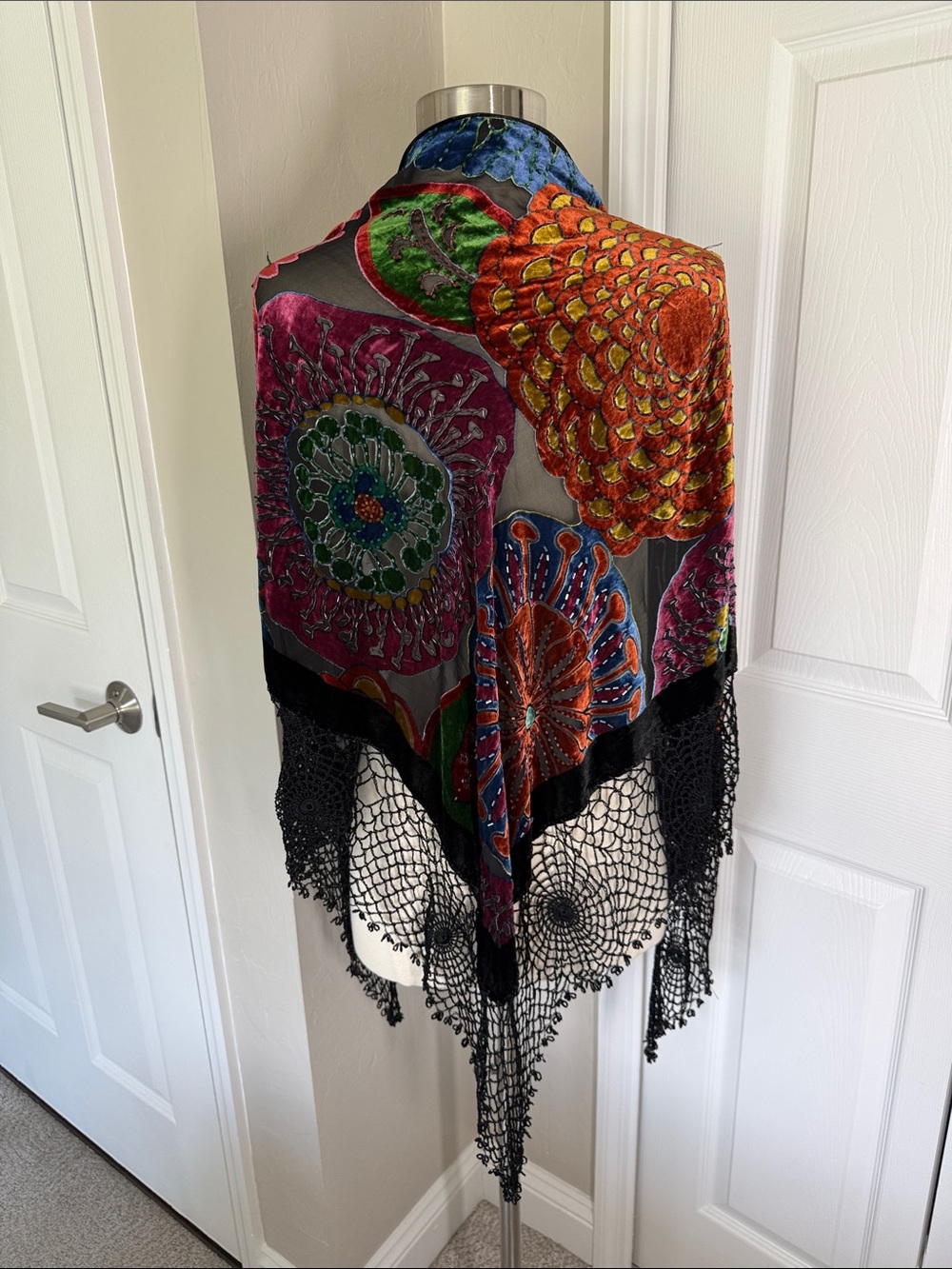 Velvet beaded colorful sheer shawl with woven fringe